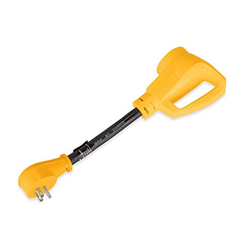 Camco RV Dogbone Electrical Adapter with Innovative 180 Degree Bend Design and PowerGrip Handle - 15 Amp Male to 50 Amp Female, 12" (55168)