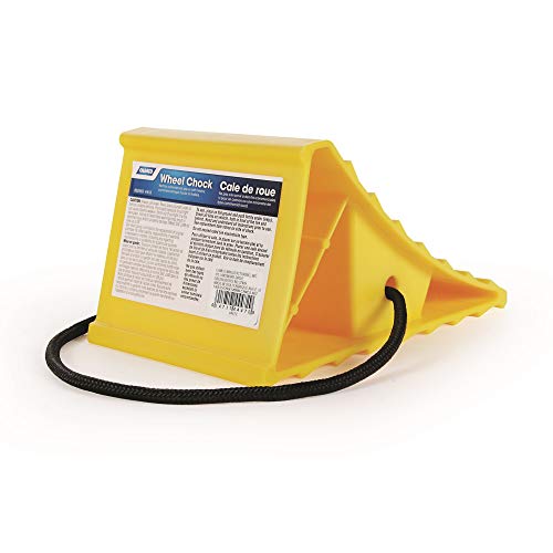 Camco Standard Wheel Chock w/Rope for Trailers - Heavy Duty RV Wheel Chock Constructed of Durable Plastic w/UV inhibitors - Features Rope Handle for Easy Removal - Use w/Tires Up to 26-in - 44472