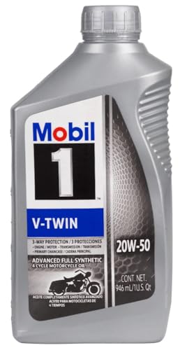 Mobil 1 Motor Oil, V-Twin, 20W50, Synthetic, 1 qt Bottle, V-Twin Motorcycles, Each