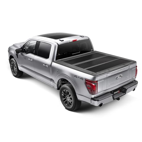 TrailFX Hard Tri-Fold Tonneau Cover Fits 2021-2025 Ford F-150 5.5 Foot Bed Hard Folding Cover 3 Folds 3 Panels Lockable Tailgate Handle Gloss Black Textured Aluminum Clamp-On Installation