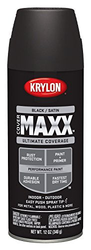 Krylon K09158007 COVERMAXX Spray Paint, Satin Black, 12 Ounce