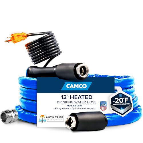 Camco 12-Ft Heated Water Hose for RV - Water Line Freeze Protection Down to -20°F/-28°C - Features Energy-Saving Thermostat & Includes Adapter for Connection to Either End of Hose (22910)