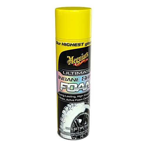 Meguiar's Ultimate Insane Shine Foam - Long-Lasting Tire Shine for an Extreme Shine & Gloss, Rich, Dark & Consistent Finish, No Wiping or Rinsing Required - Cleans Grime for a Dark Shine, 19 Oz Foam