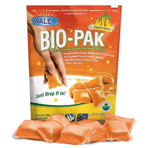 Walex Bio-Pak Black Holding Tank Deodorizer & Waste Digester Drop-Ins - Advanced Enzyme Formula for Rapid Breakdown of Waste & Paper, Removes Odors & Cleans Tank; Tropical Breeze, 10-Pack