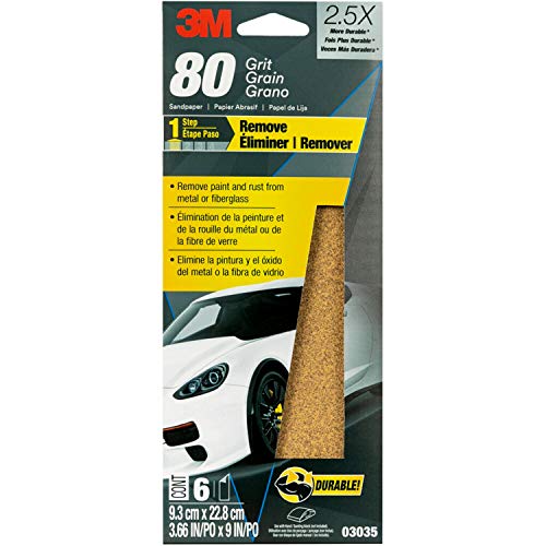 3M Sandpaper, 03035, 80 Grit, 3 2/3 in x 9 in, 6 Sheets
