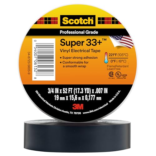 3M Scotch Super 33+ Electrical Tape - 3/4 in x 52 ft, Premium Grade All-Weather Vinyl, Resistant to Abrasion, Moisture, Corrosion, Alkalies - Black, 1 Roll