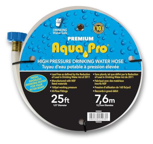 Aqua Pro W20863 Fresh Water Hose WATER HOSES RV, 1/2 Inch Diameter, 25 Foot Length, NSF Approved, Twist-Tite Hose Gripper, Bilingual Package