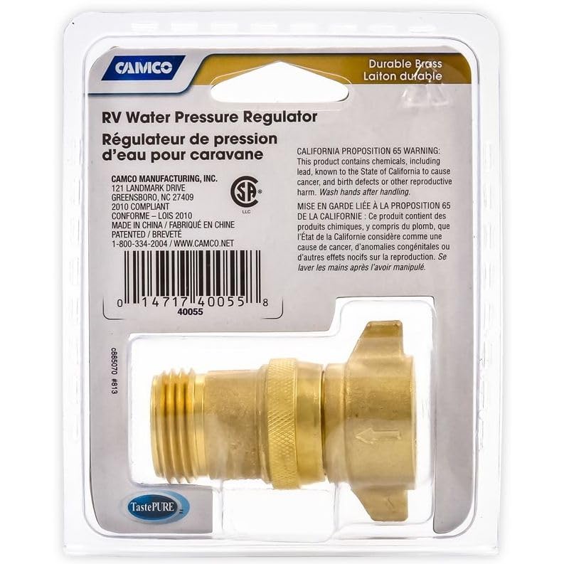 Camco Brass Marine/RV Water Pressure Regulator – Protects RV Kitchen Small Appliances, Plumbing & Hoses – Reduces RV Water Pressure to Safe & Consistent 40-50 PSI – Drinking Water Safe (40055)