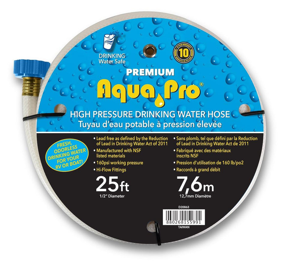 Aqua Pro W20863 Fresh Water Hose WATER HOSES RV, 1/2 Inch Diameter, 25 Foot Length, NSF Approved, Twist-Tite Hose Gripper, Bilingual Package