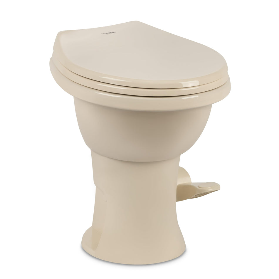 Dometic Model 410 Complete RV Toilet – Round Porcelain Bowl, Universal Fit & 2-Bolt Mount, 18" Chair Height Residential-Style, Gravity Flush Toilet with Soft-Close Seat, Bone (9610008260)