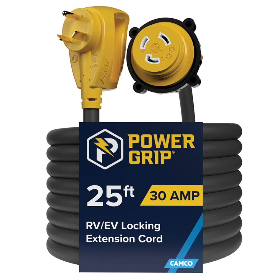 Camco PowerGrip 25-Ft 30 Amp RV Extension Cord w/Locking End - Features NEMA TT-30P Male & Marine-Style L5-30R Locking Female Connectors - Rated for 125V/3,750W - 100% Copper 10-Gauge Wire (55501)
