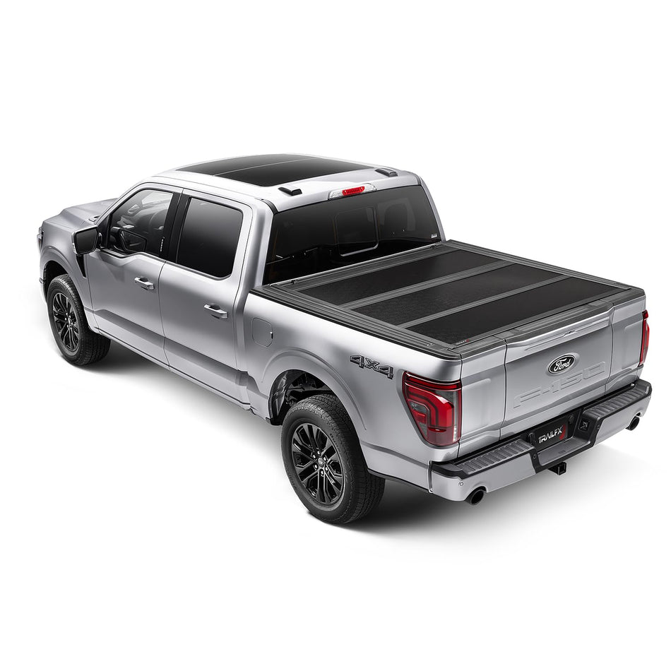 TrailFX Hard Tri-Fold Tonneau Cover Fits 2021-2025 Ford F-150 5.5 Foot Bed Hard Folding Cover 3 Folds 3 Panels Lockable Tailgate Handle Gloss Black Textured Aluminum Clamp-On Installation