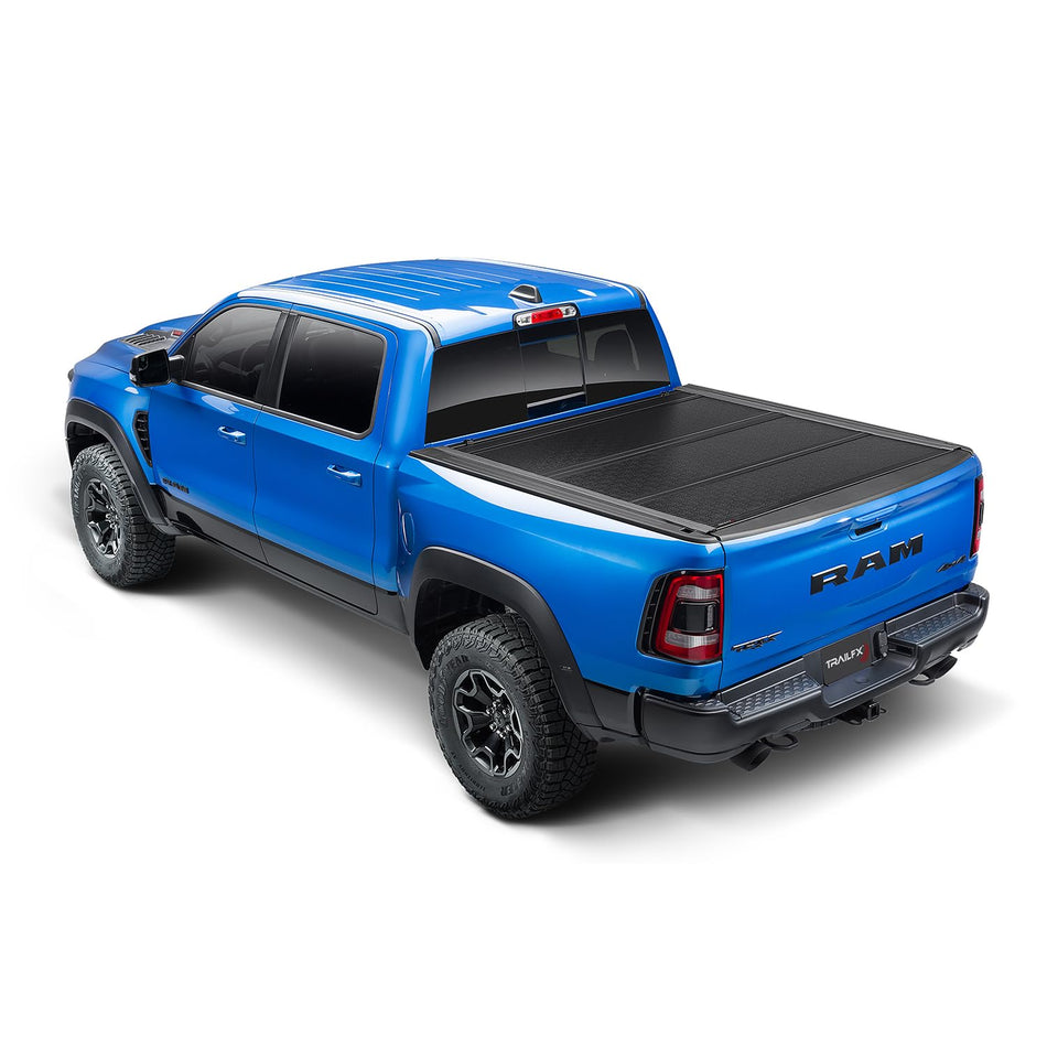 TrailFX Hard Tri-Fold Truck Bed Tonneau Cover Fits 2019-2025 Ram 1500 5.7 Foot Bed No RamBox Gloss Black Aluminum Low Profile Lockable 3-Panel Folding Design TrailFX TFX8010 HF3