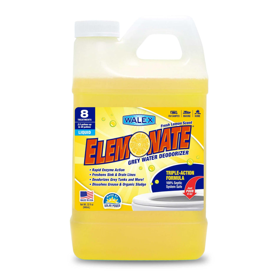 Walex Elemonate Liquid Grey Water Deodorizer for RV, Camper & Marine - Dissolves Grease & Organic Sludge to Prevent Clogs, Freshens Sink & Drain Lines, Septic Tank Safe, Fresh Lemon, 32oz