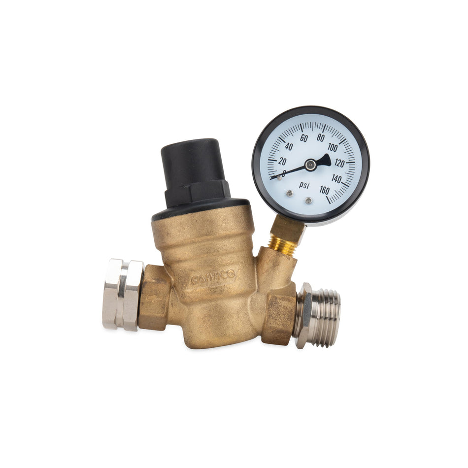 Camco Adjustable RV/Marine Brass Water Pressure Regulator | Help Stop Damage to RV/Marine Appliances, Plumbing Fixtures, and Hoses | Features Standard Garden Hose Threads for Simple Hookup | (40058)
