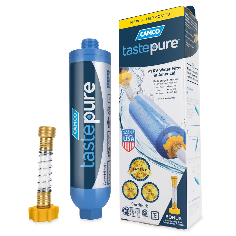 Camco Tastepure RV Water Filter - Advanced RV Inline Water Filter with Flexible Hose Protector - GAC & KDF Filtration - Made in USA - Camping Essentials for Fresh Drinking Water (40043)