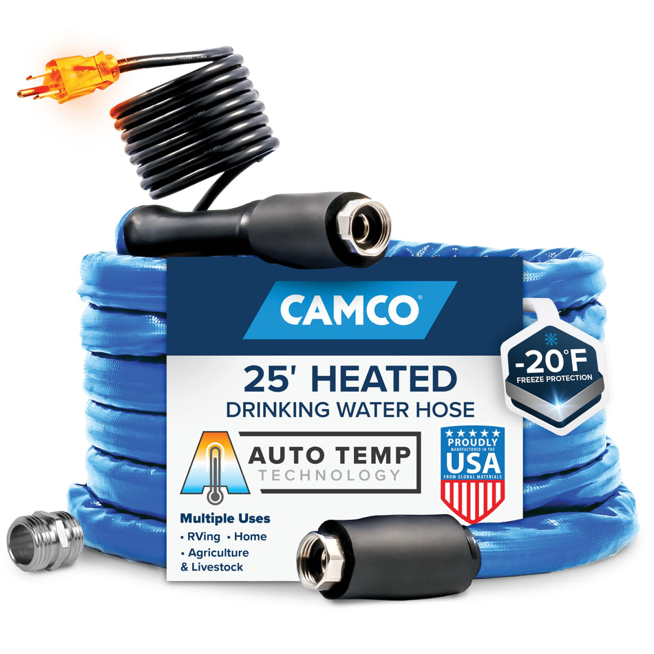Camco 25-Ft Heated Water Hose for RV - Water Line Freeze Protection Down to -20°F/-28°C - Features Energy-Saving Thermostat & Includes Adapter for Connection to Either End of Hose (22911)
