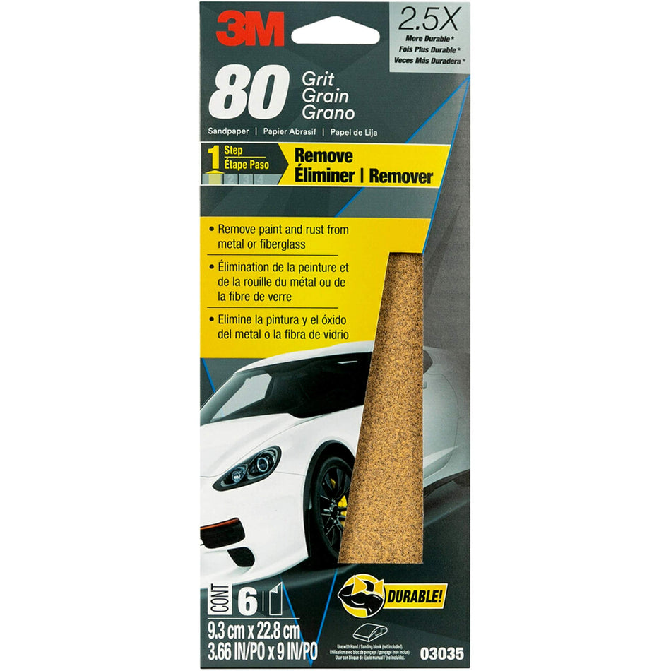 3M Sandpaper, 03035, 80 Grit, 3 2/3 in x 9 in, 6 Sheets