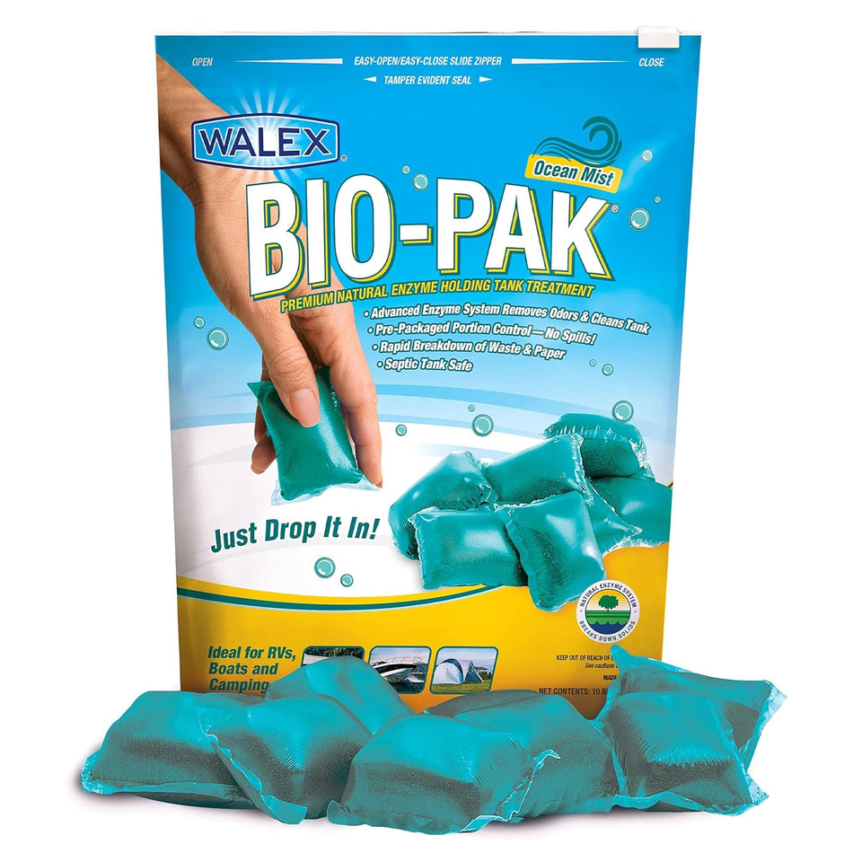 Walex Bio-Pak Black Holding Tank Deodorizer & Waste Digester Drop-Ins - Advanced Enzyme Formula for Rapid Breakdown of Waste & Paper, Removes Odors & Cleans Tank, Ocean Mist, 10-Pack