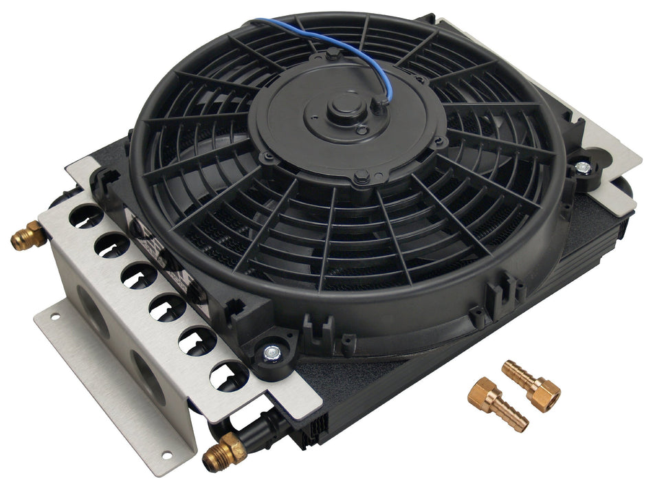 Fluid Cooler and Fan, 15-3/4 x 11-1/2 x 5 in, Tube Type, 6 AN Male Inlet/Outlet, Fittings, Aluminum/Copper, Black Powder Coat, Universal, Each